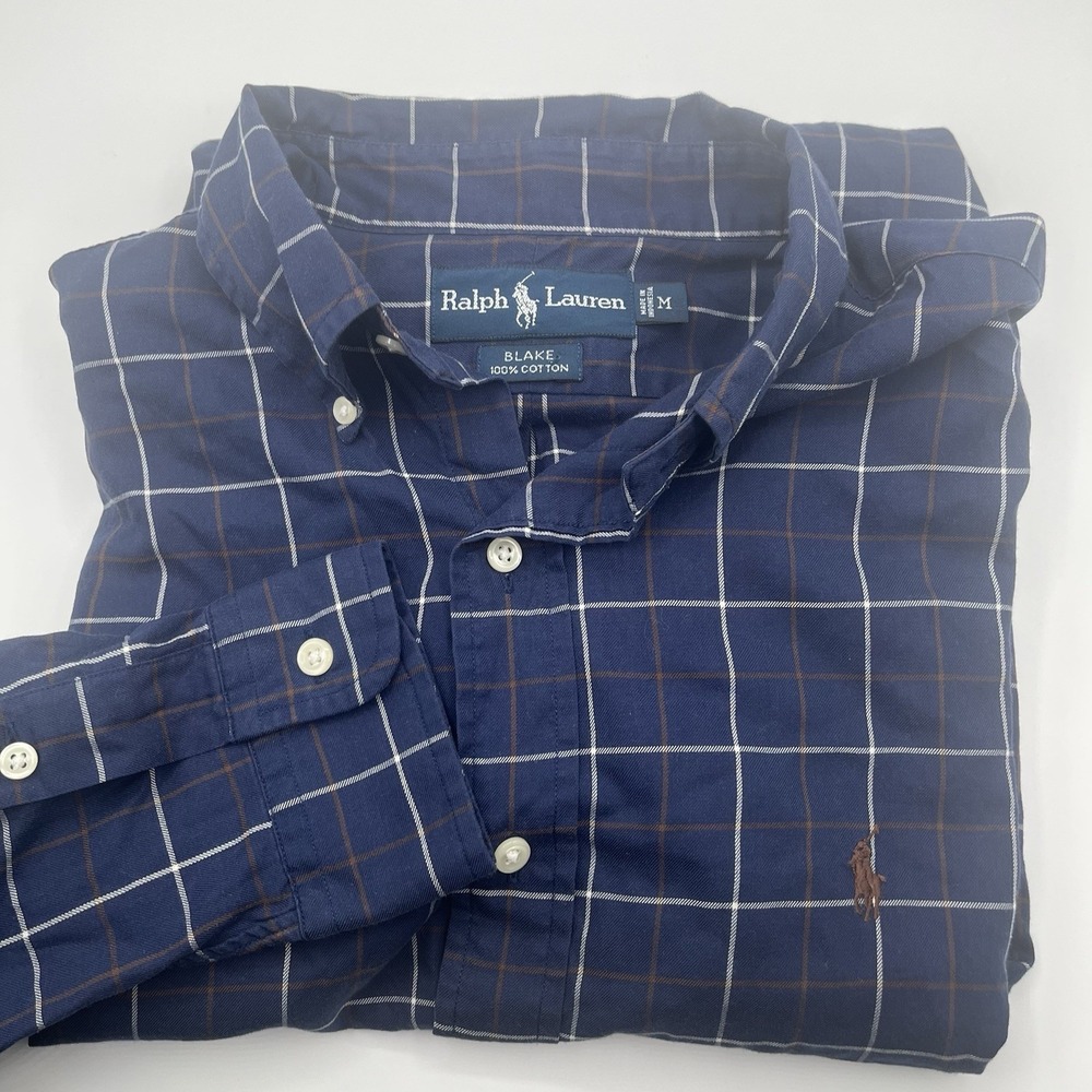 Polo Ralph Lauren Shirt Mens Medium Button Up Blue Navy Plaid Vintage Blake 90s‎